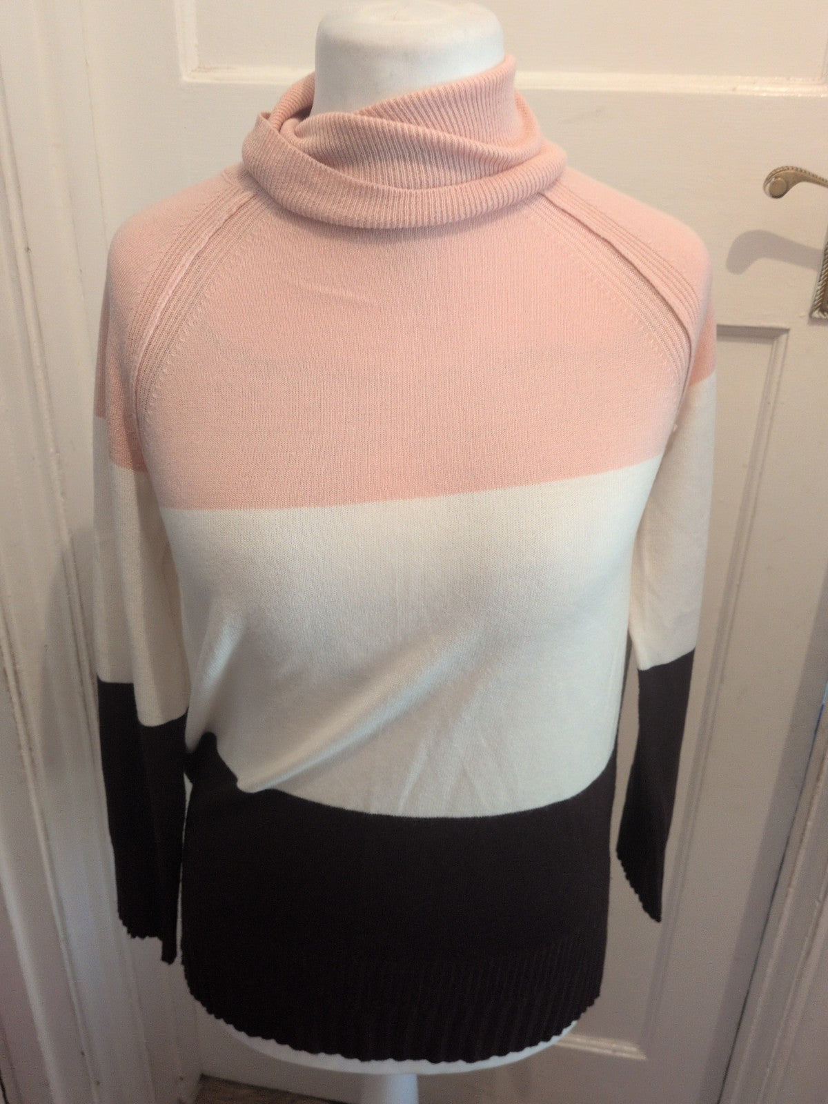 Ladies M&Co Size 8 Pink/White and Dark Brown High Neck Jumper