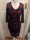 Roman 14 Cerise And Black Lace 3/4 Sleeve Dress