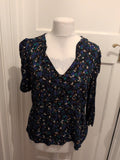 Peacocks 20 Black Blue And Green 3/4 Sleeve Floral Blouse V Neck