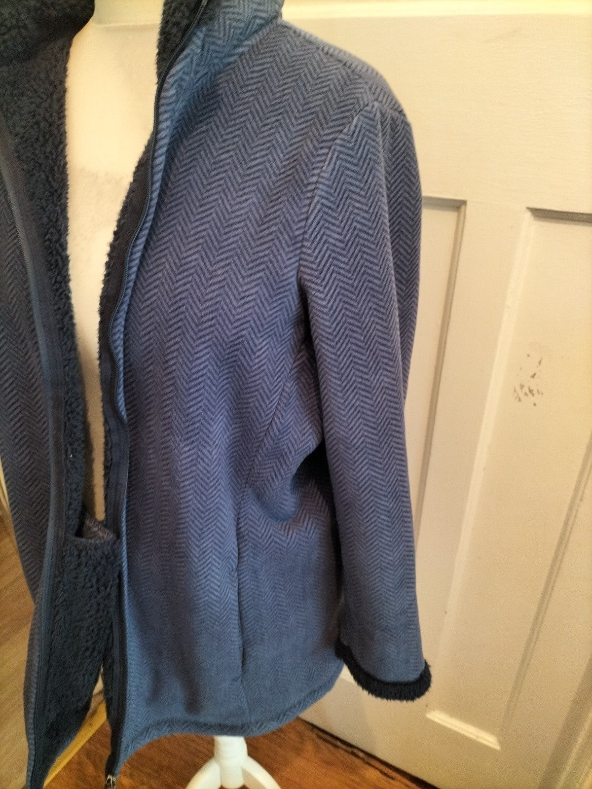 Large Navy Patterned Fleece Lined Full Zip Jacket