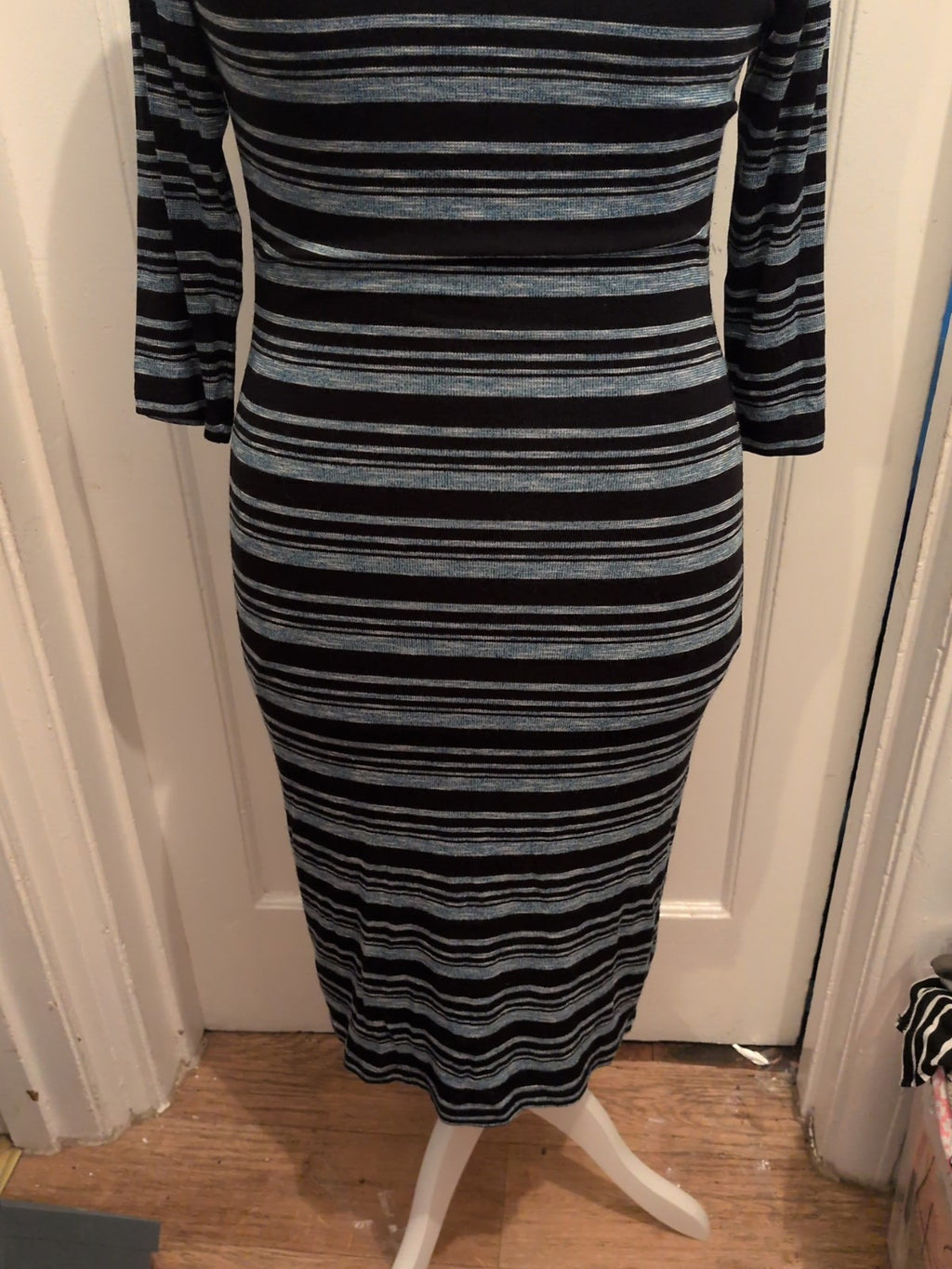 M&S Collection Aqua And Black Stripe 3/4 Sleeve Dress 10
