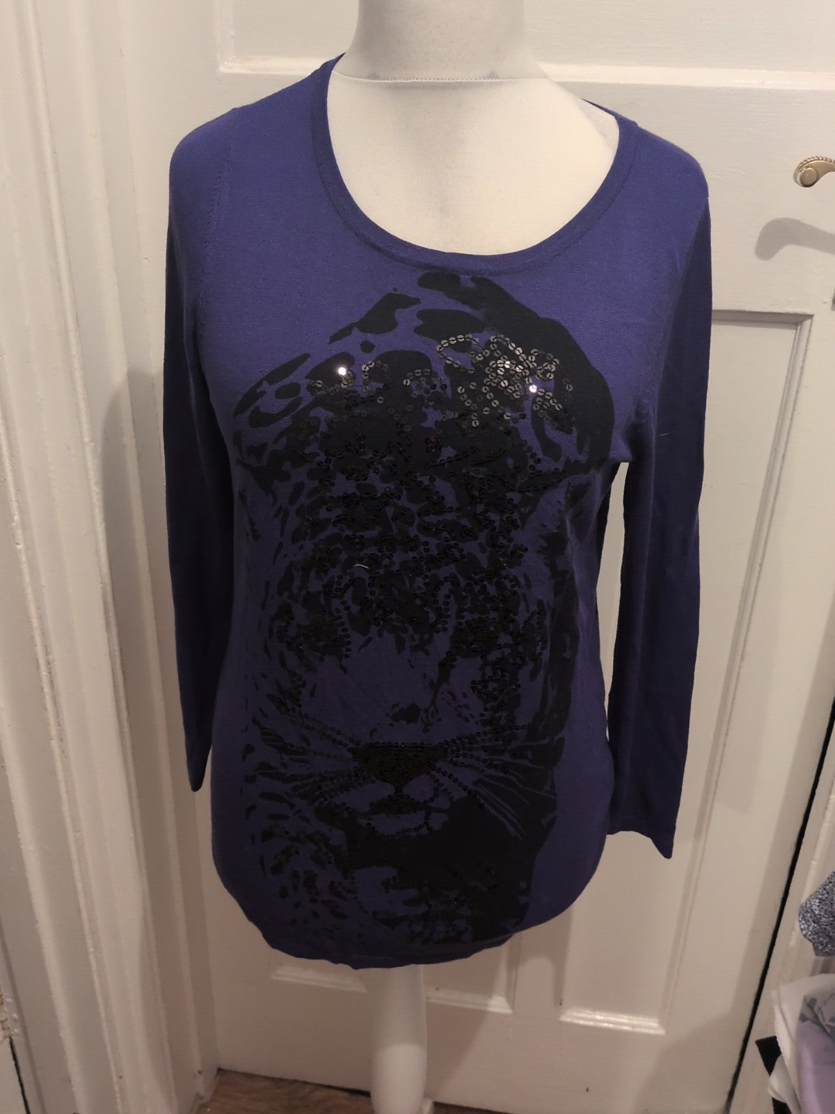 Large Blue And Black Sequin Long Sleeve Blouse Lightweight Jumper