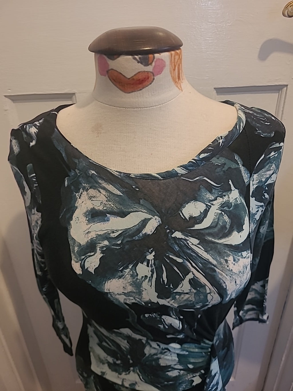 Ladies Per Una Size 8 Green BlCk White Floral Long Sleeved Dress