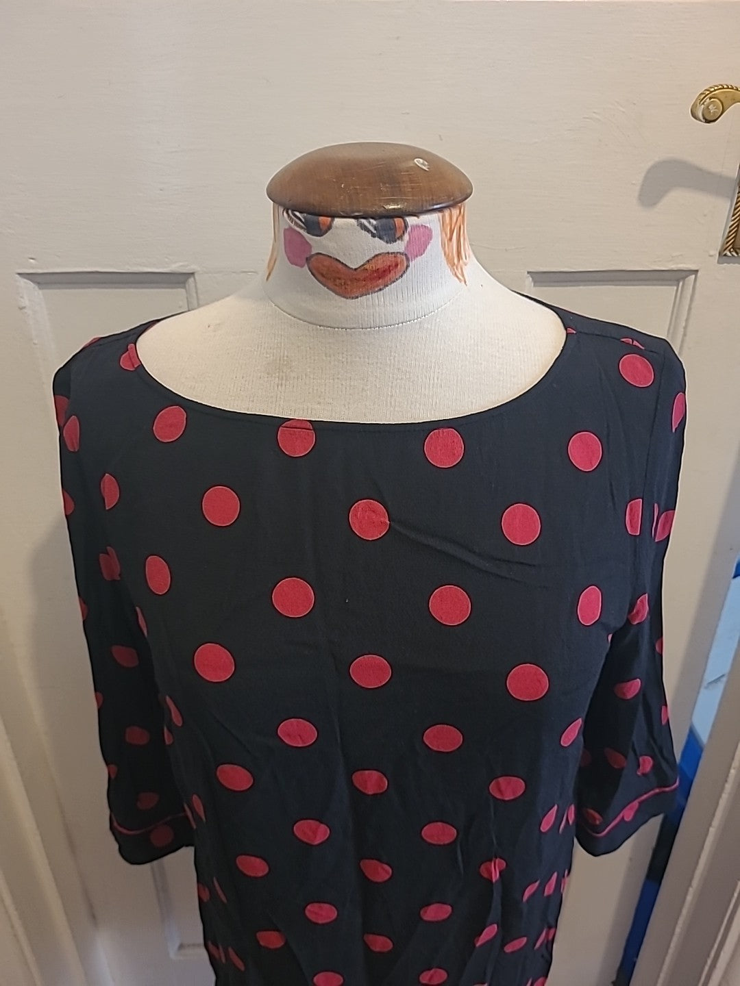 Ladies Next Size 12 Black/Pink Spotted Mid Sleeved Dress