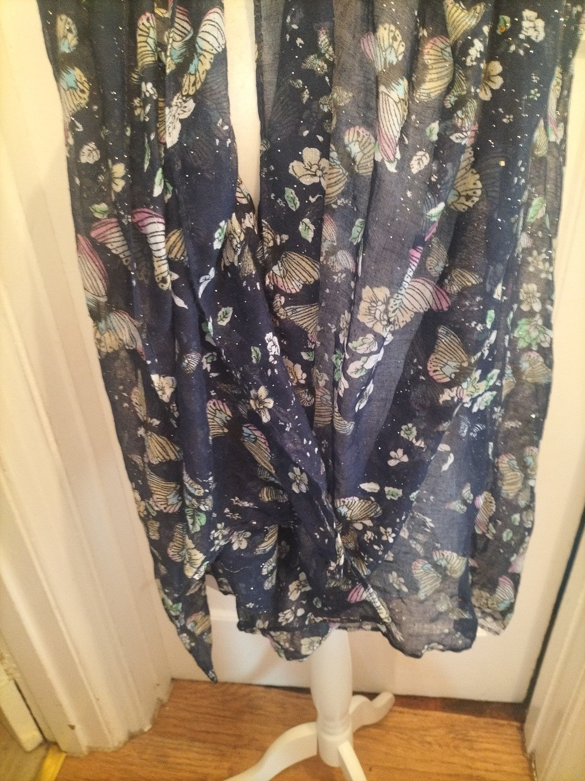 Large Navy Floral Butterfly Thin Scarf