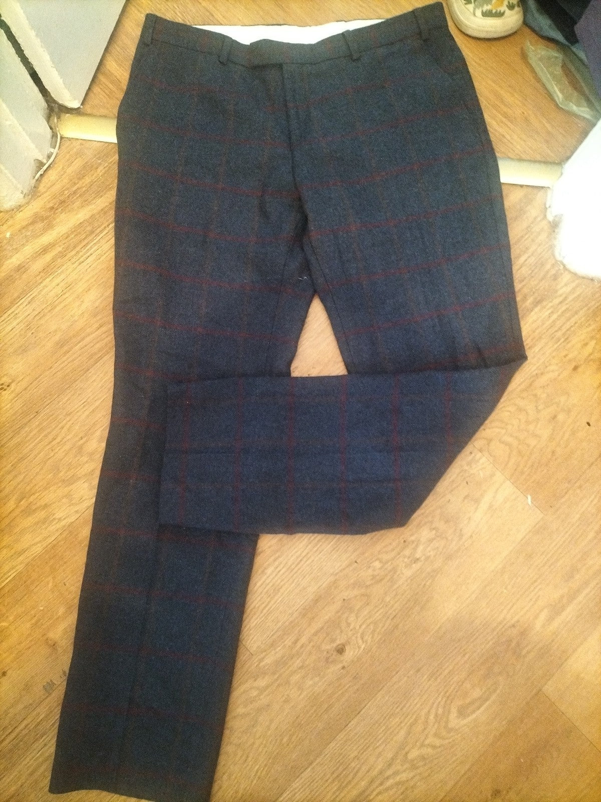 Mens 36" Long Navy With Red And Orange Wool Blend Trousers