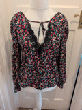 Shein Large Black Floral With Black Lace V Neck Blouse
