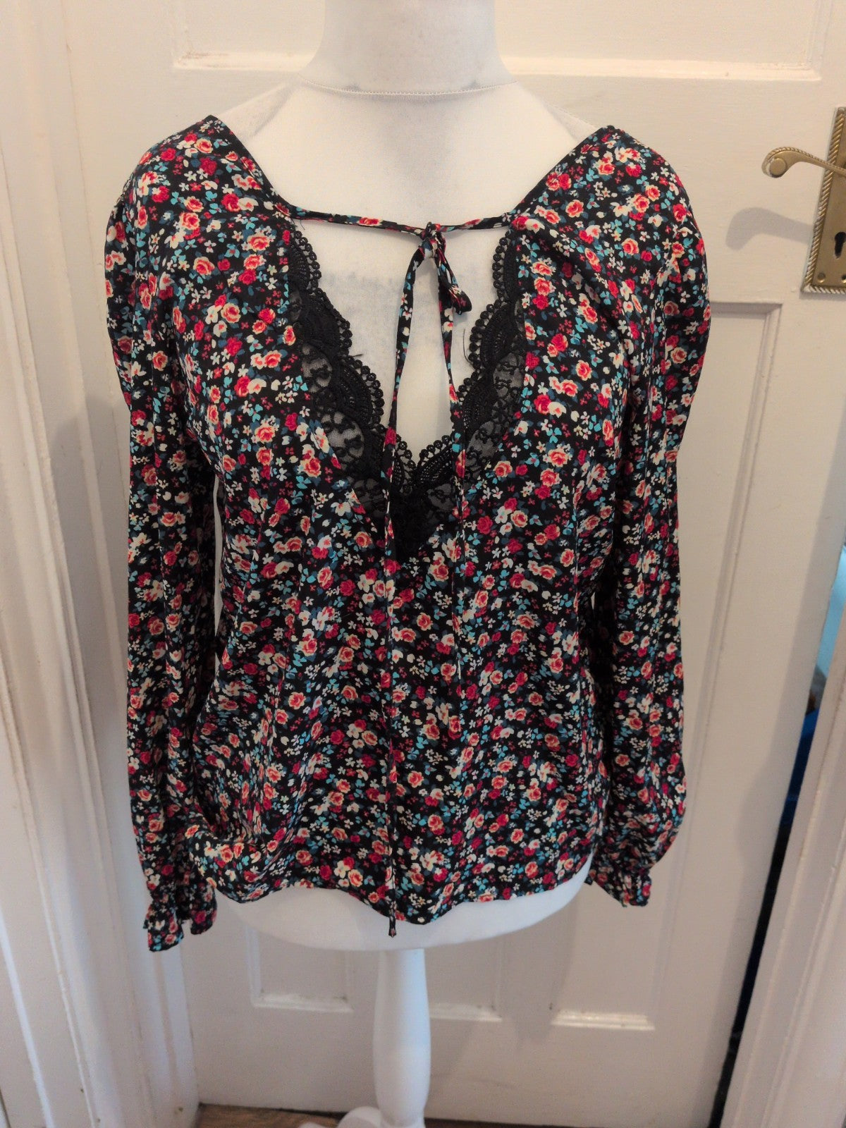 Shein Large Black Floral With Black Lace V Neck Blouse