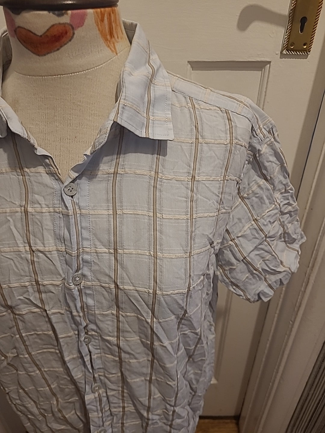 Mens Rocham.John Rocha Size Large Light blue white Gold Checked Short Sleeve...