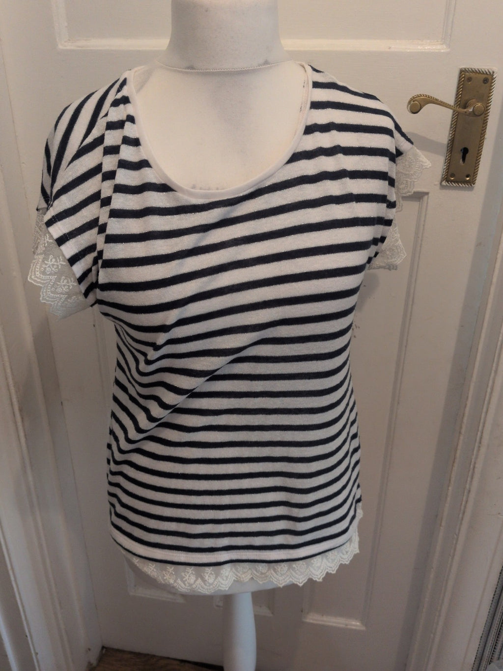 George 12 Navy And Ivory Stripes Frill Hem Short Sleeve Sparkle Blouse