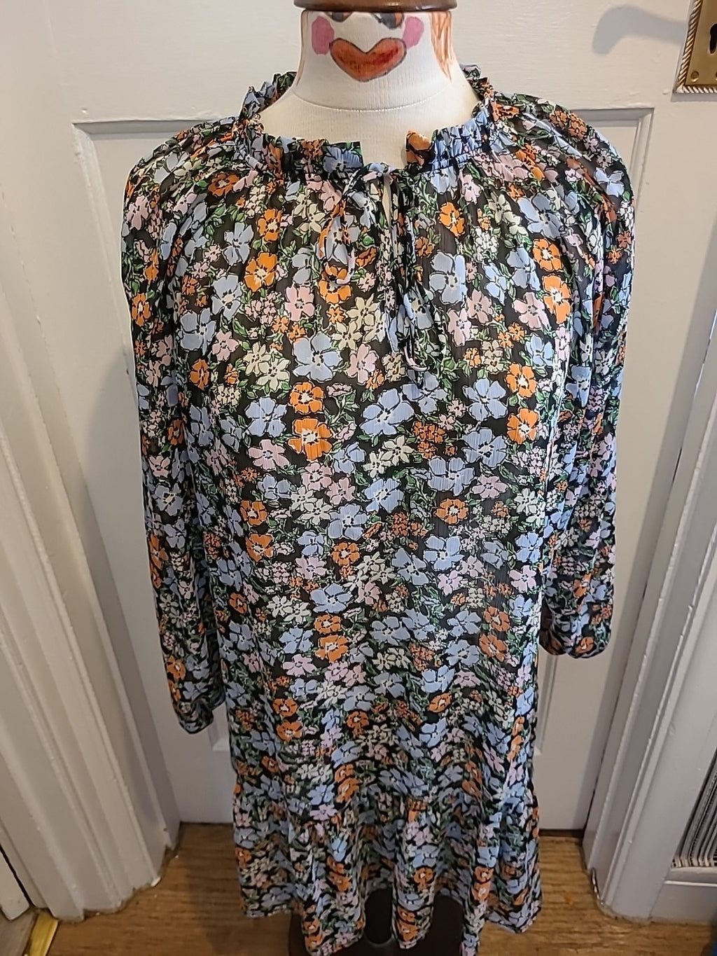 Ladies Peacocks Size 12 Multi Coloured Floral Long Sleeved See Through Dress