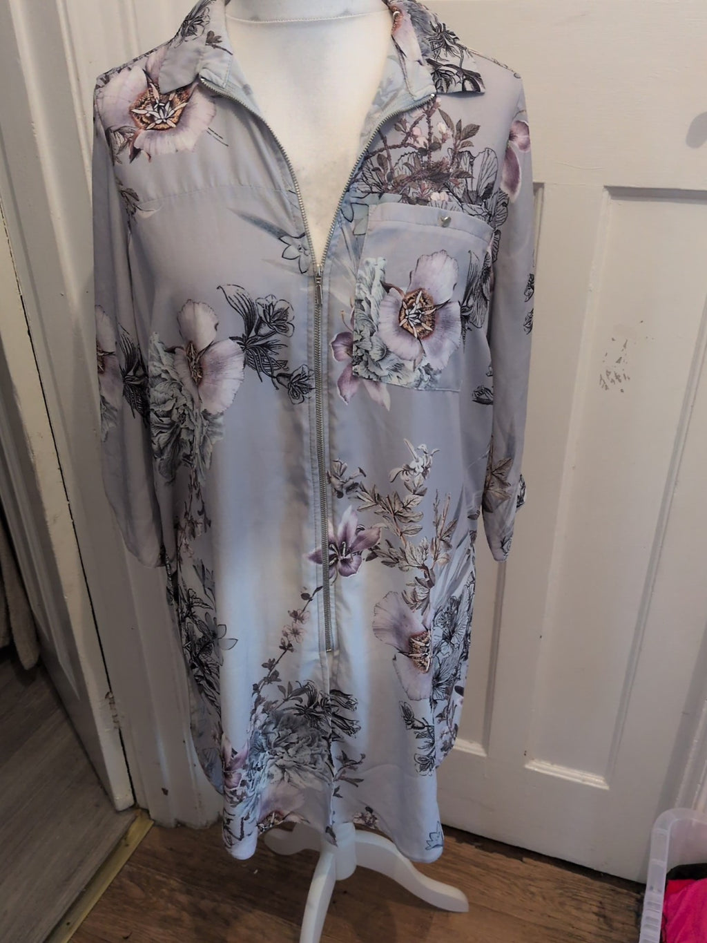 George 16 Grey Floral Long Sleeve Zipped Front Blouse