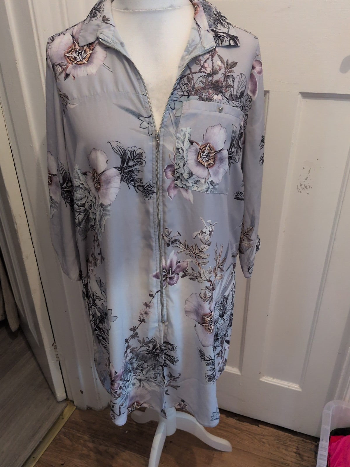 George 16 Grey Floral Long Sleeve Zipped Front Blouse