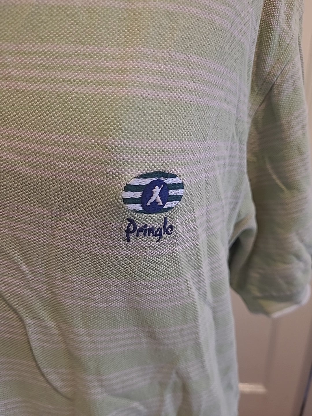 Mens Faldo Size Medium Green White Striped Short Sleeved Polo