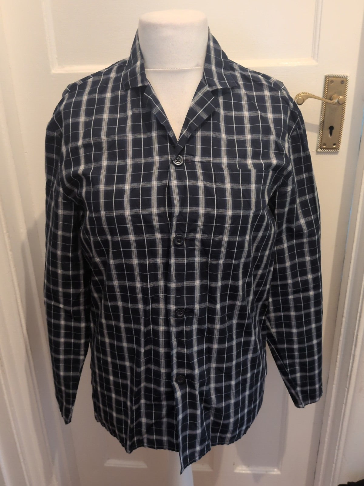 Mens Marks And Spencer Size S Navy White Check Shirt Long Sleeve