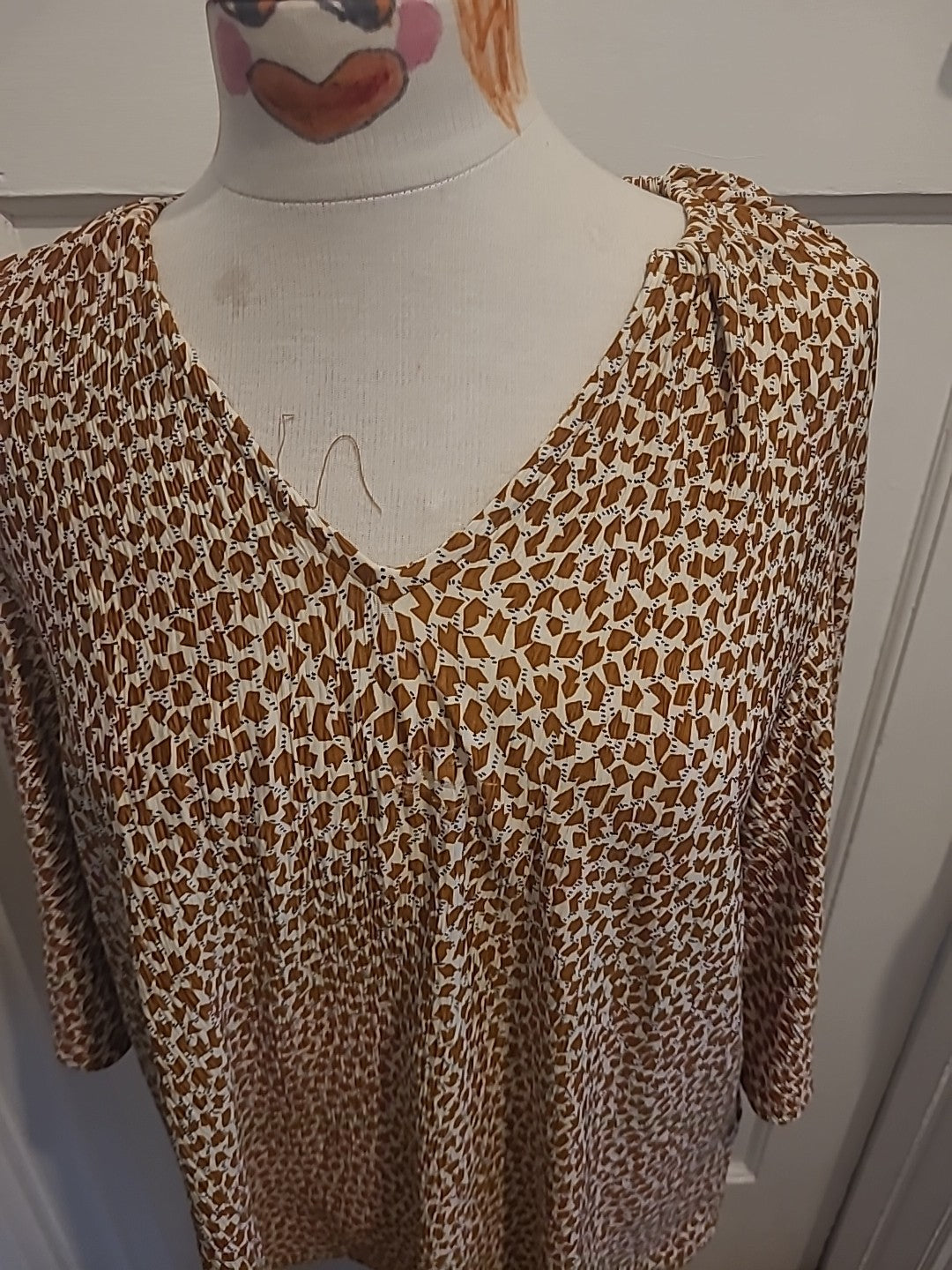 Ladies Next Size 14 Brown Cream Detailed Short Sleeved Blouse