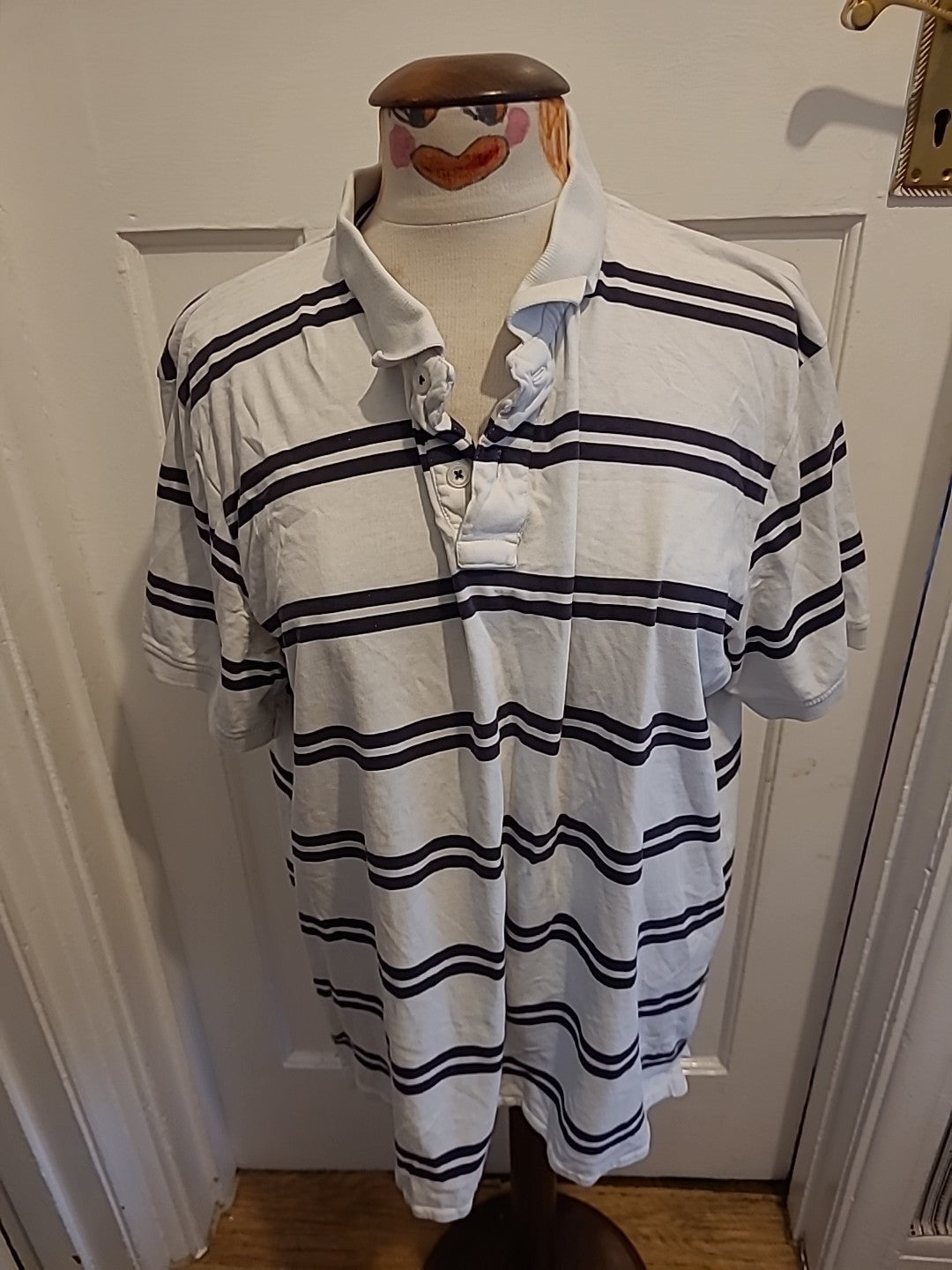 Mens Tu Size Large White And Navy Striped Collared Short Sleeved Polo