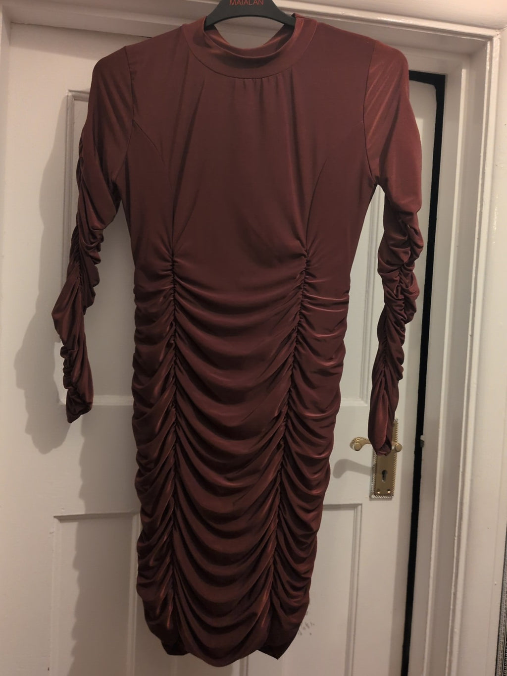 Prettylittlething 12 Brown Long Sleeve Ruched Dress