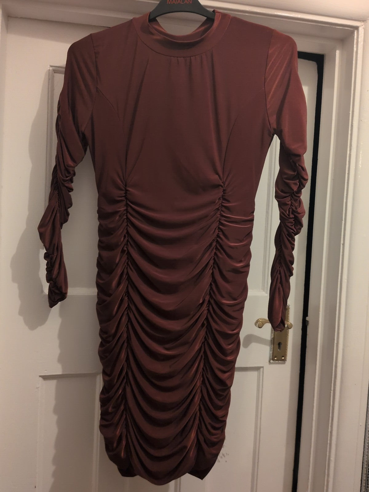 Prettylittlething 12 Brown Long Sleeve Ruched Dress