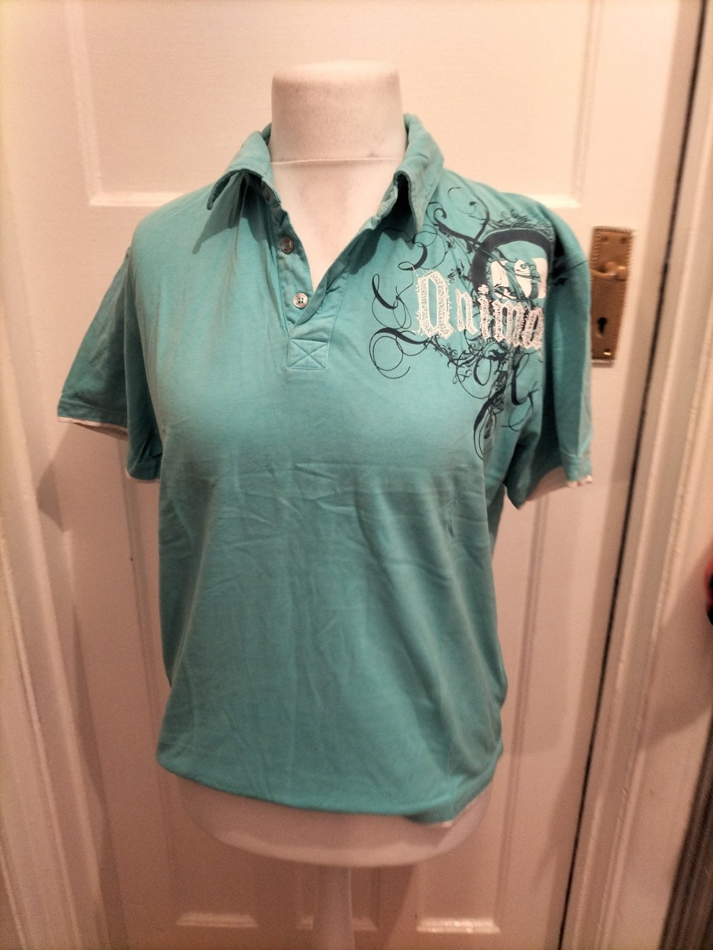 Mens Animal Size M Turquoise Printed Short Sleeved Polo