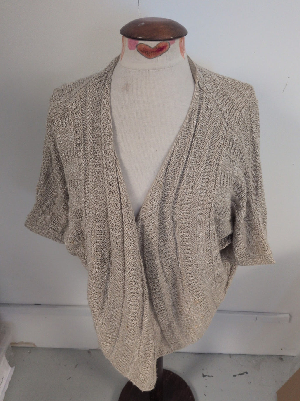 Per Una 14 Beige Knit Short Sleeve Waterfall Cardigan Open