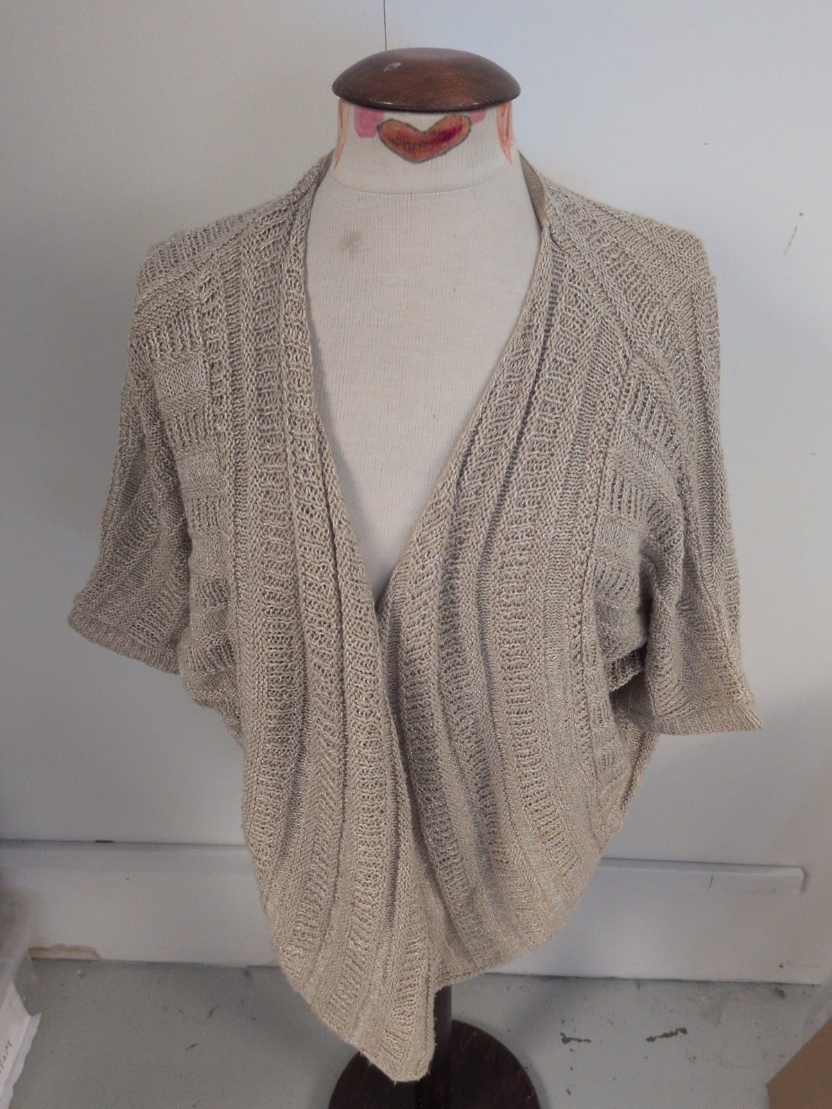 Per Una 14 Beige Knit Short Sleeve Waterfall Cardigan Open
