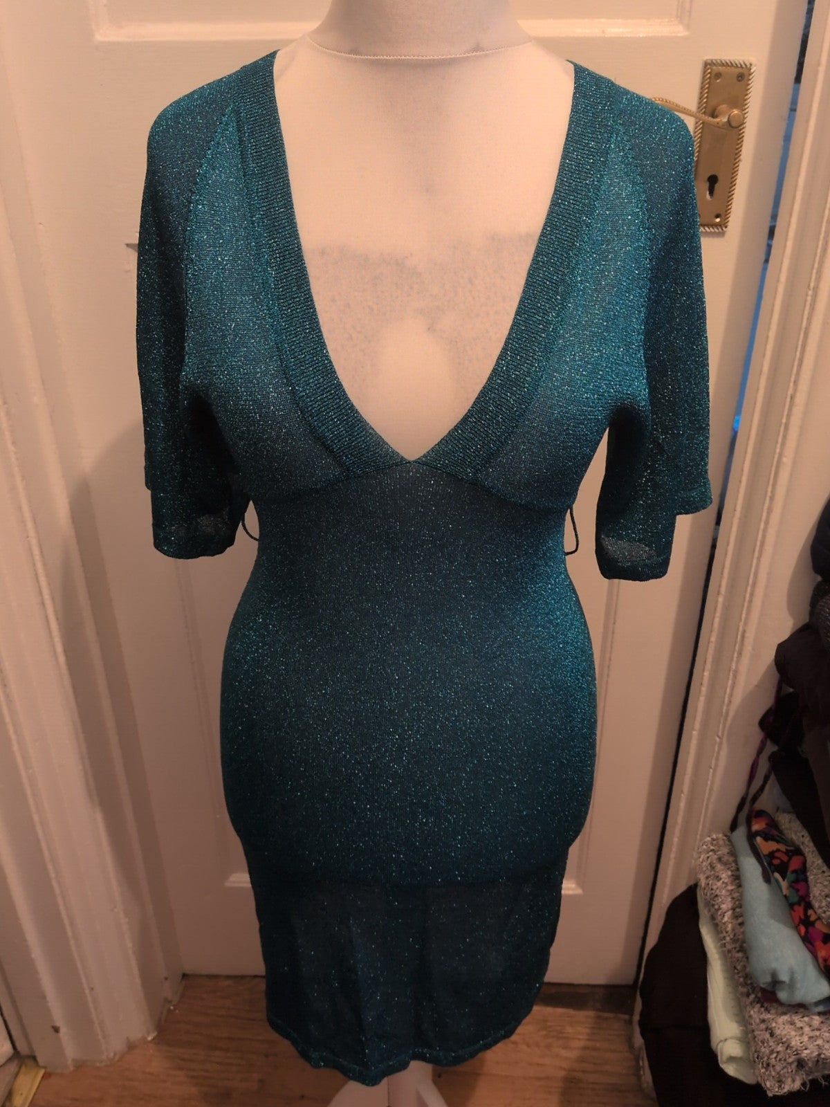 Ladies Mbym Size M Turquoise Glittery Short Sleeved Dress