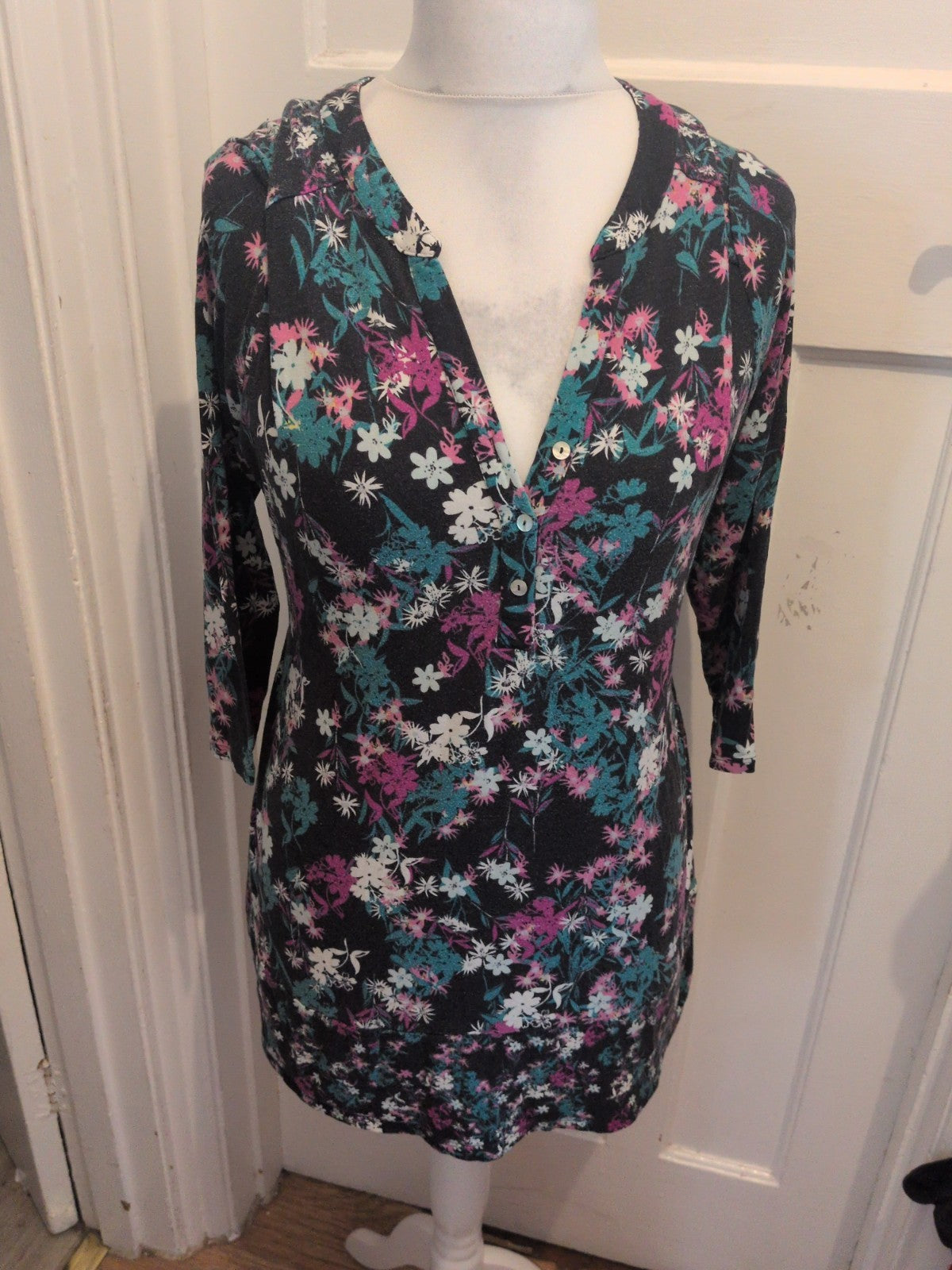 Marks And Spencer 14 Black Floral Long Sleeve Blouse