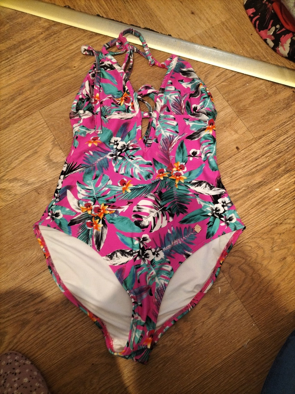Superdry Tropical Floral Surf Halterneck Swimsuit Fluro Pink Size 10