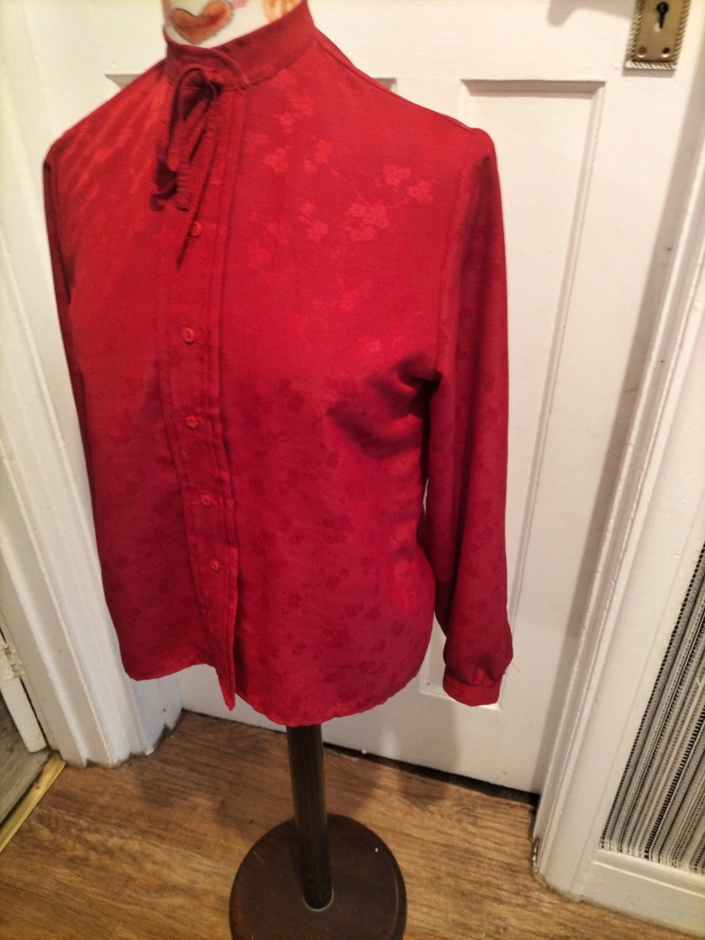 Ladies St Michael Size 12 Red Long Sleeved Floral Material Blouse