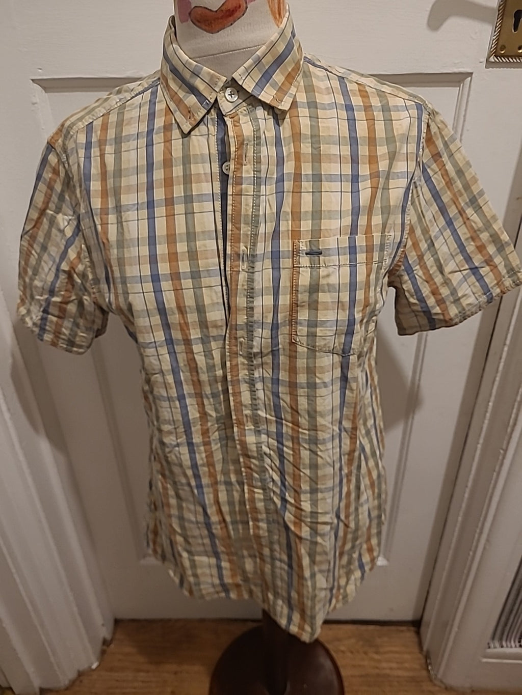 Mens Burton Size M Pale Yellow/Orange/Blue Check Short Sleeved Shirt