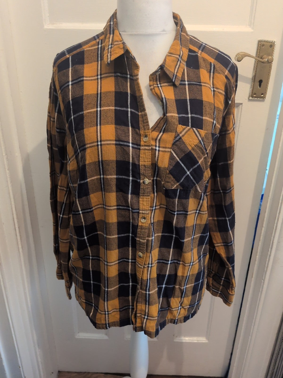 Primark 20 Orange Navy Check Long Sleeve Shirt