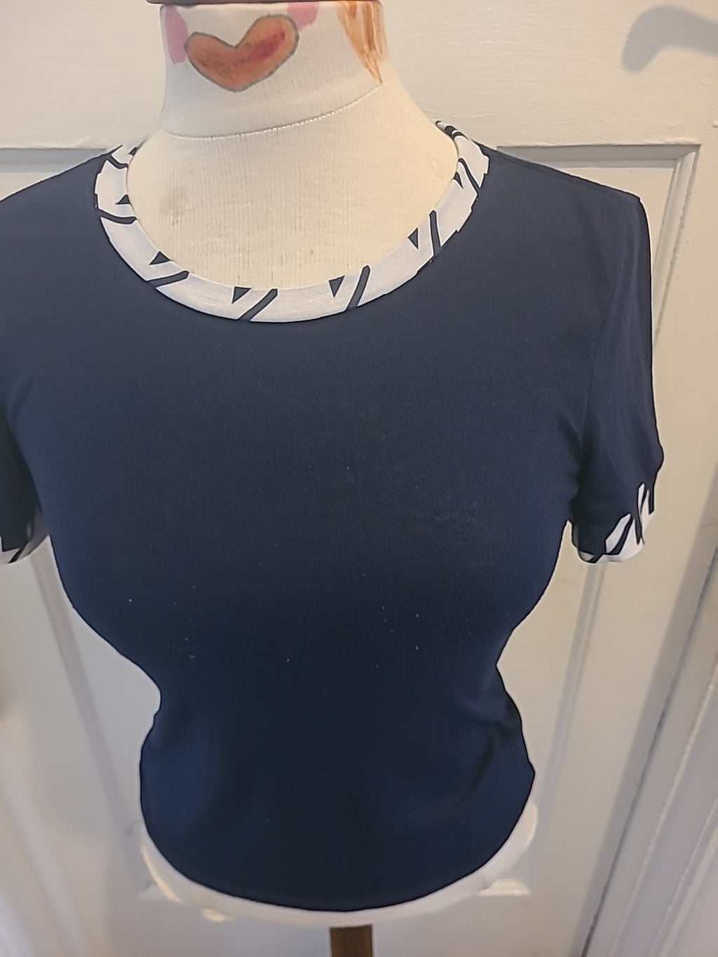 Ladies Size Small Navy With White Short Sleeved Tshirt