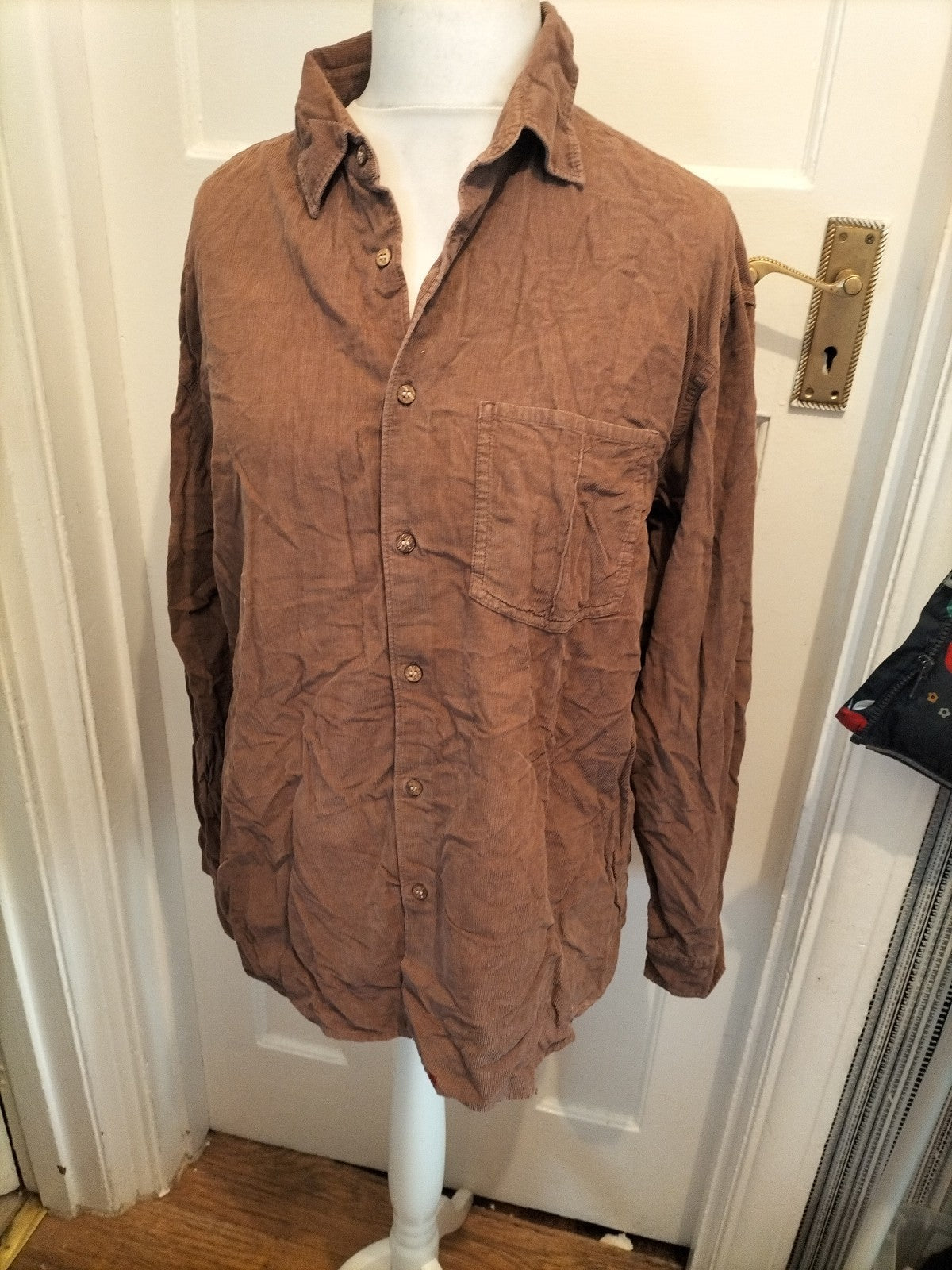 Mens White Stuff Size L Brown Ribbed Long Sleeved Shirt