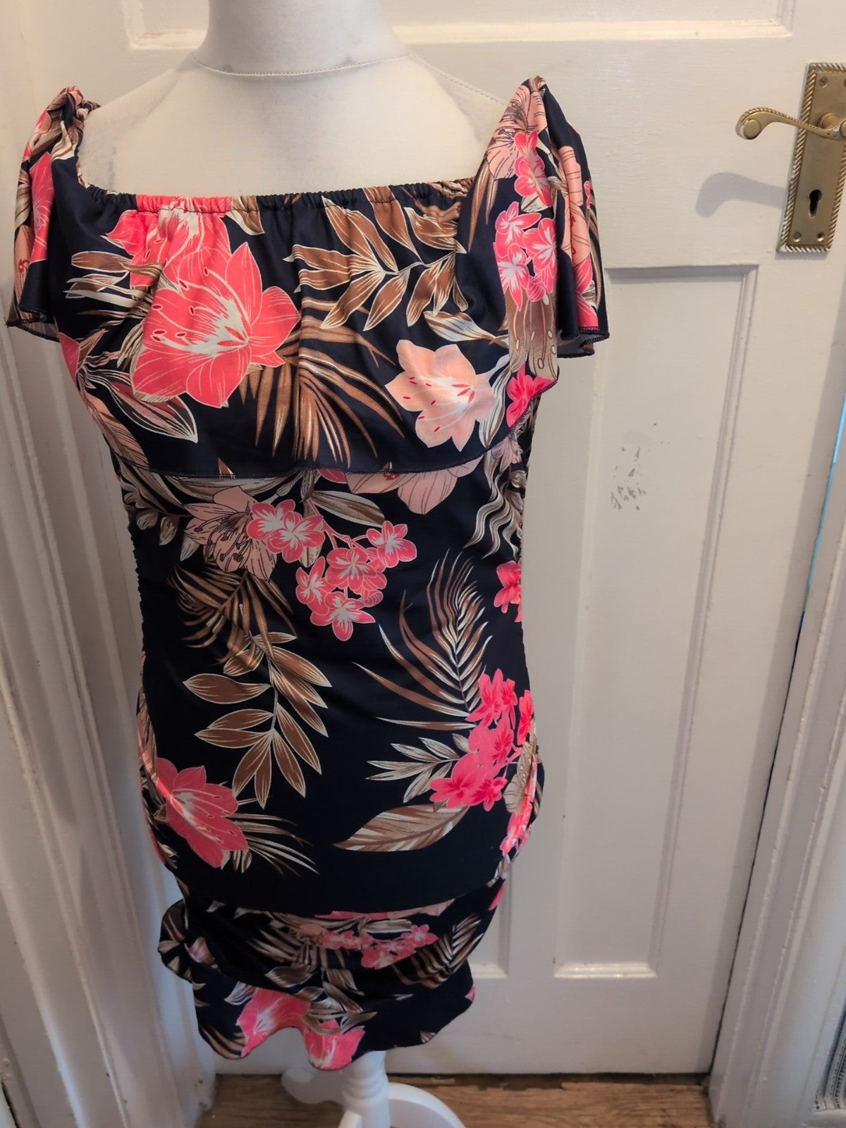 Ladies Short Dress Off The Shoulder Navy Floral Size Xl [16] Free Delivery