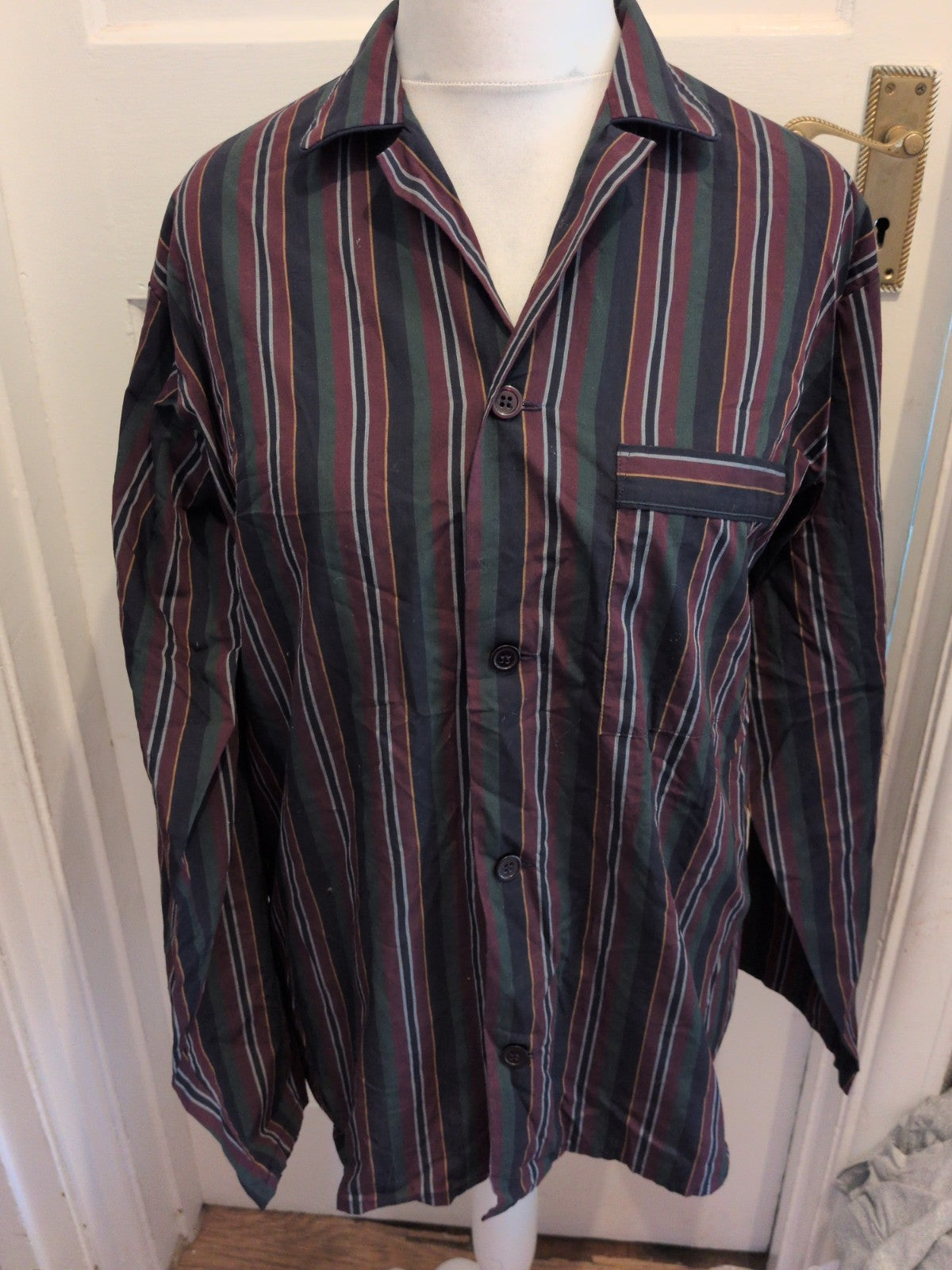 Marks And Spencer St Michael Medium Green/Purple/Navy Stripe Long Sleeve Shirt