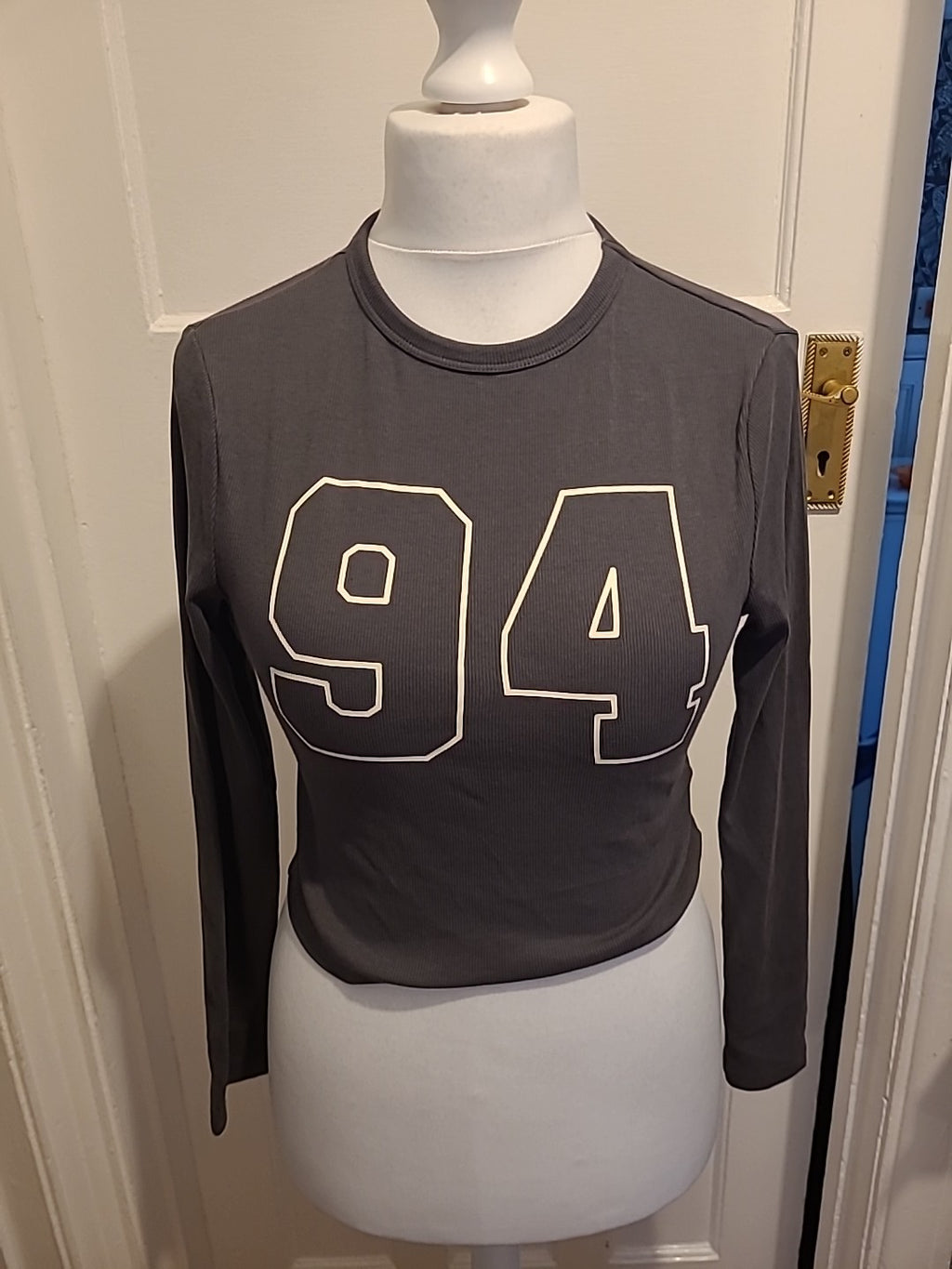 Ladies Primark Size Medium Grey Print Long Sleeved Top
