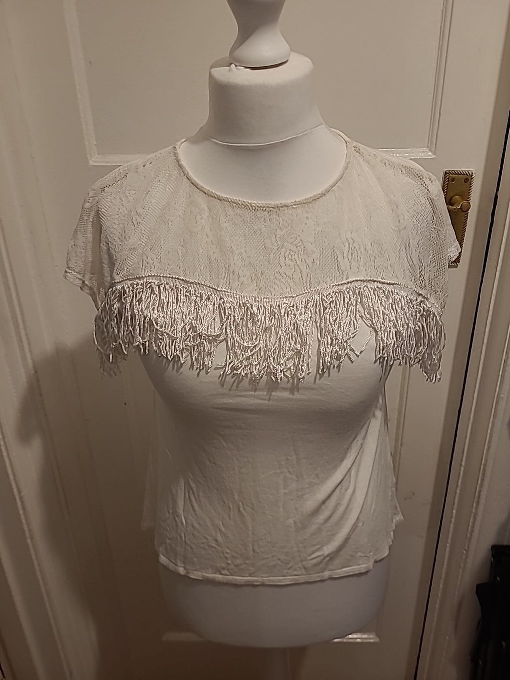 Ladies Primark Size 10 White Tassled Short Sleeved Tshirt