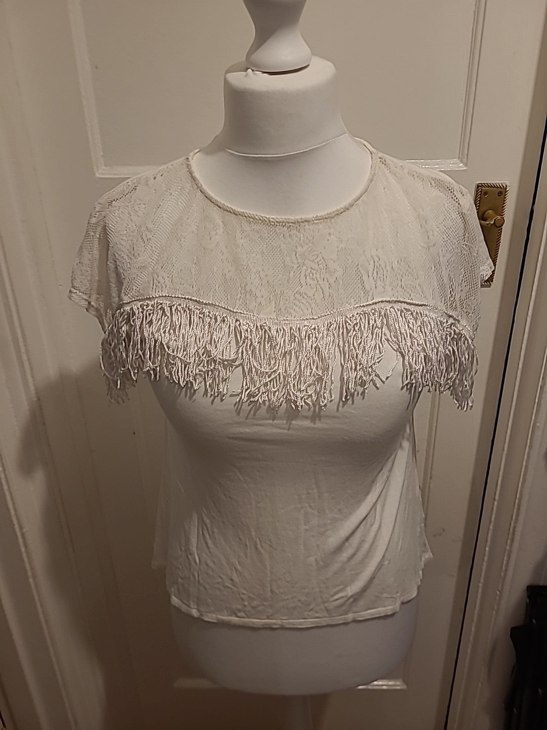 Ladies Primark Size 10 White Tassled Short Sleeved Tshirt