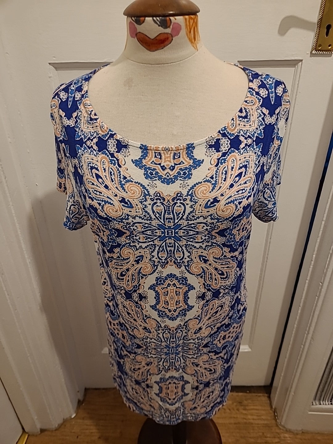 Ladies Marks And Spencer Size 14 Blue Mix Detailed Short Sleeved Dress