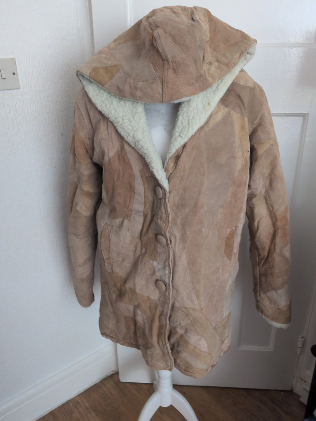 Large Beige Genuine Leather Fleece Fluffy Lined Coat