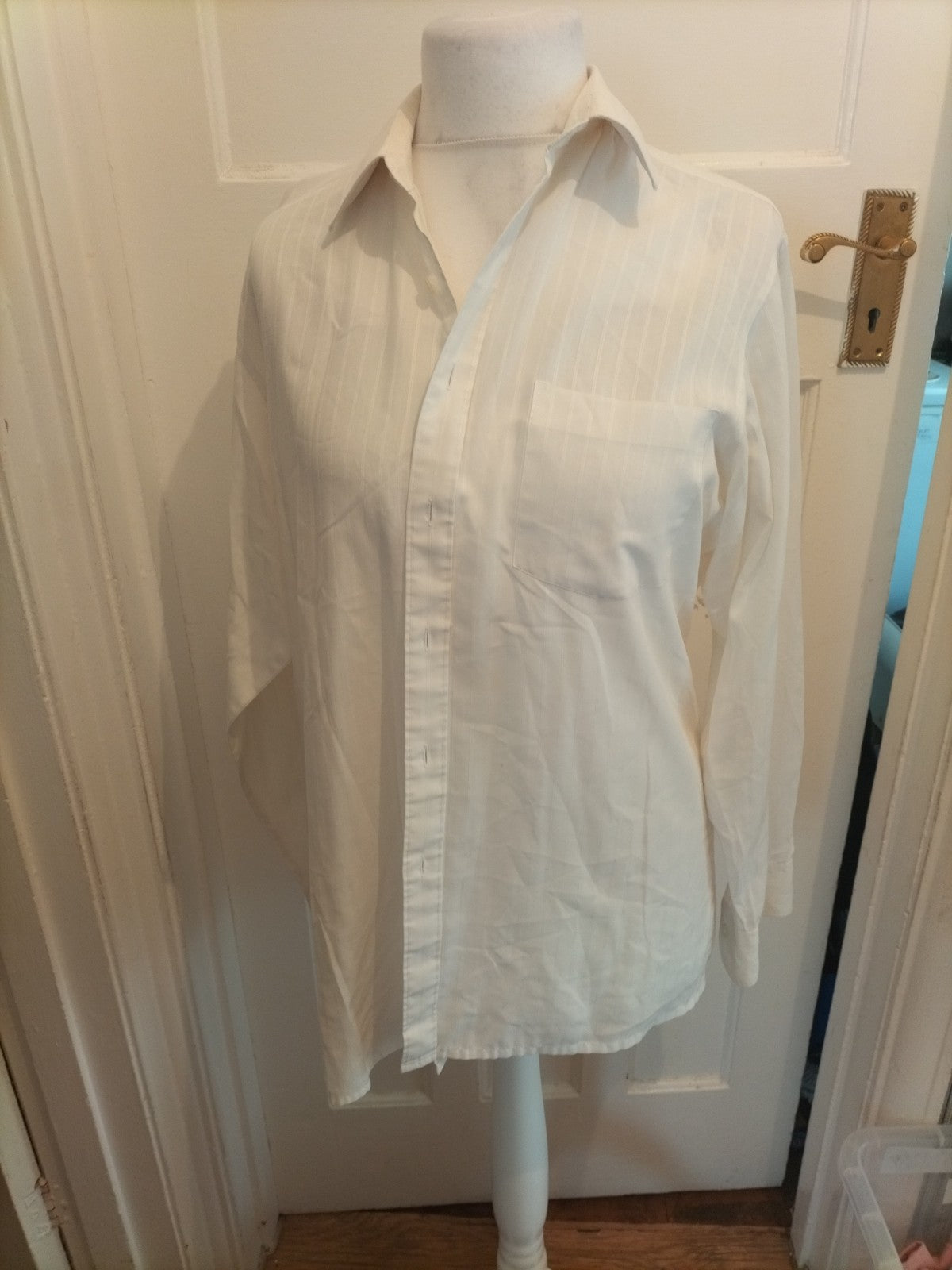 Mens Canda Size 15.5 Ivory Striped Long Sleeved Shirt Slight Marked Neck