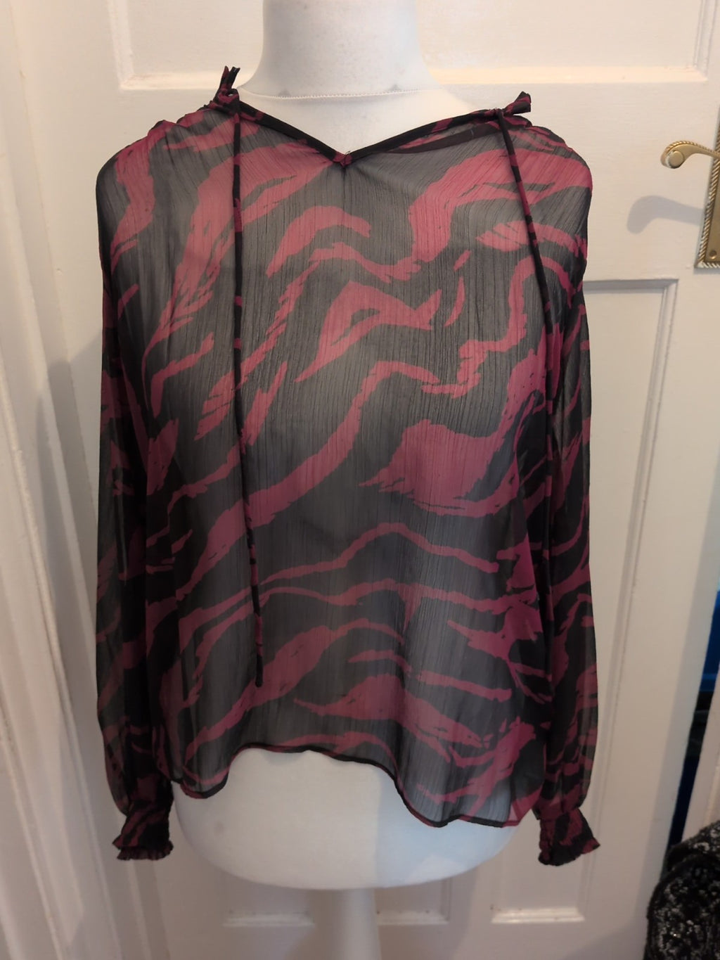 Ladies George Size 12 Black And Purple Sea Through Long Sleeve Blouse