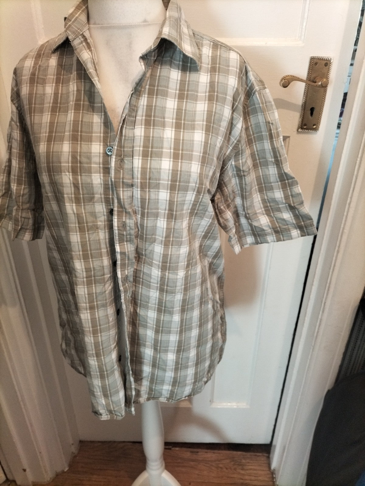 Mens Next Size L Khaki And Grey/White Short Sleeved Shirt