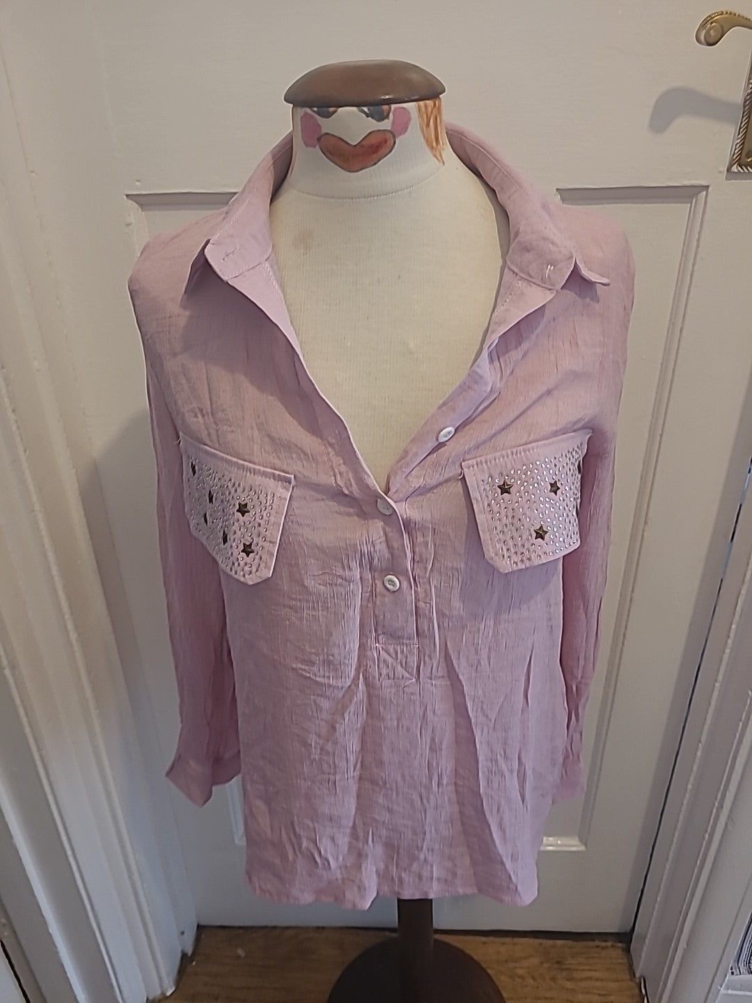 Ladies Size Small Pink Long Sleeved Diamonte Detailed Blouse