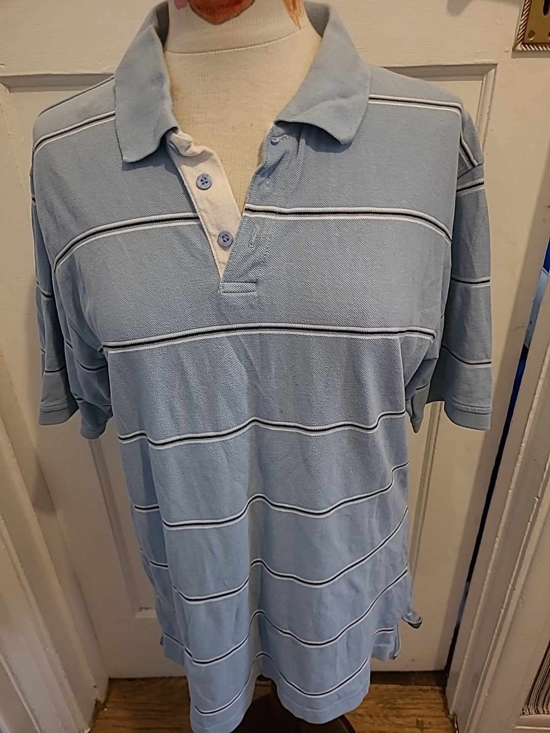 Mens PNG Size Large Pale Blue White Striped Polo(1 Small Mark On Front)