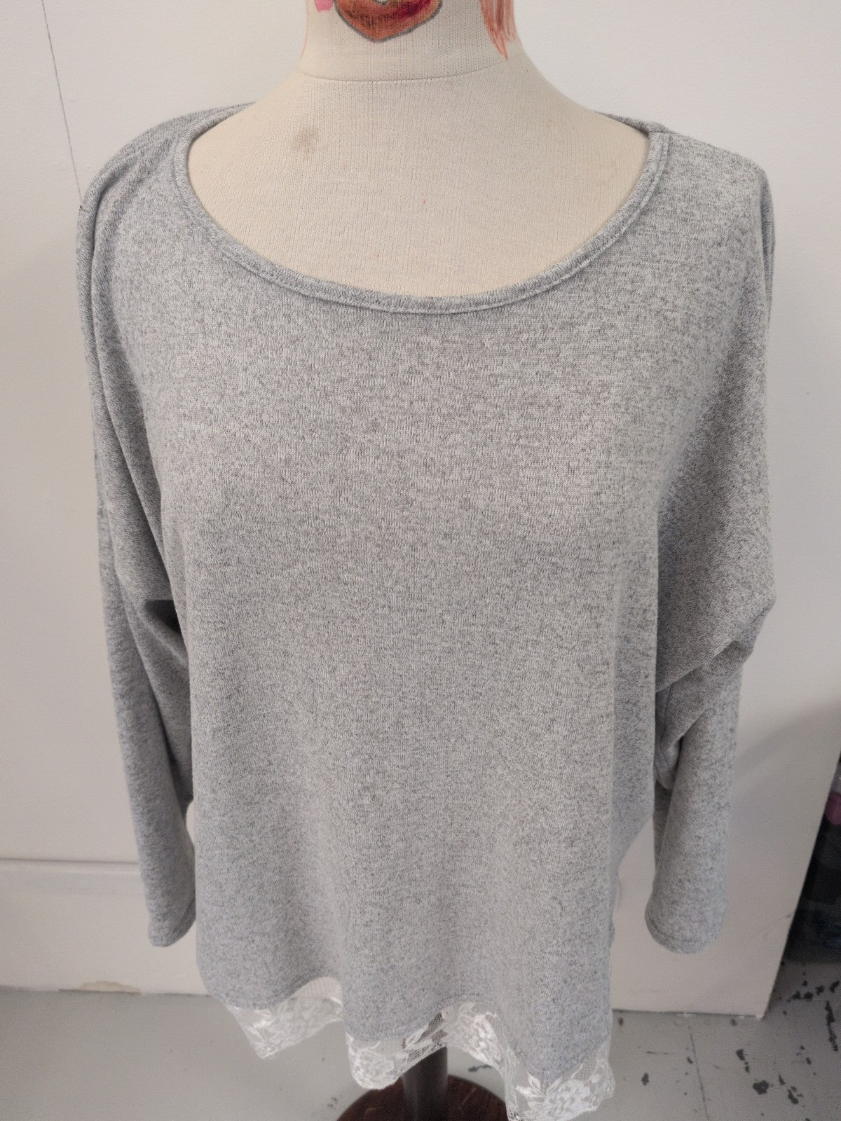 Dorothy Perkins XL Grey Long Sleeve White Frill Hem Blouse/Jumper