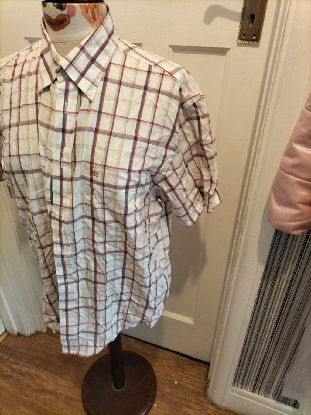 Mens Pedro Del Hierro Size Large Pin Point Oxford White Check Short Sleeved...