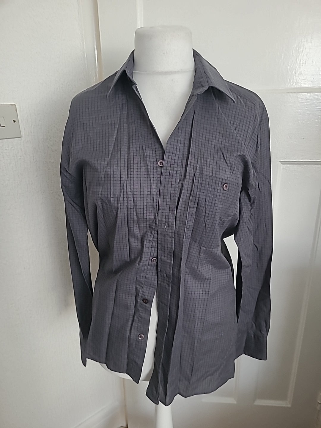Mens G.Fellini Size 16 Grey Check Long Sleeved Shirt