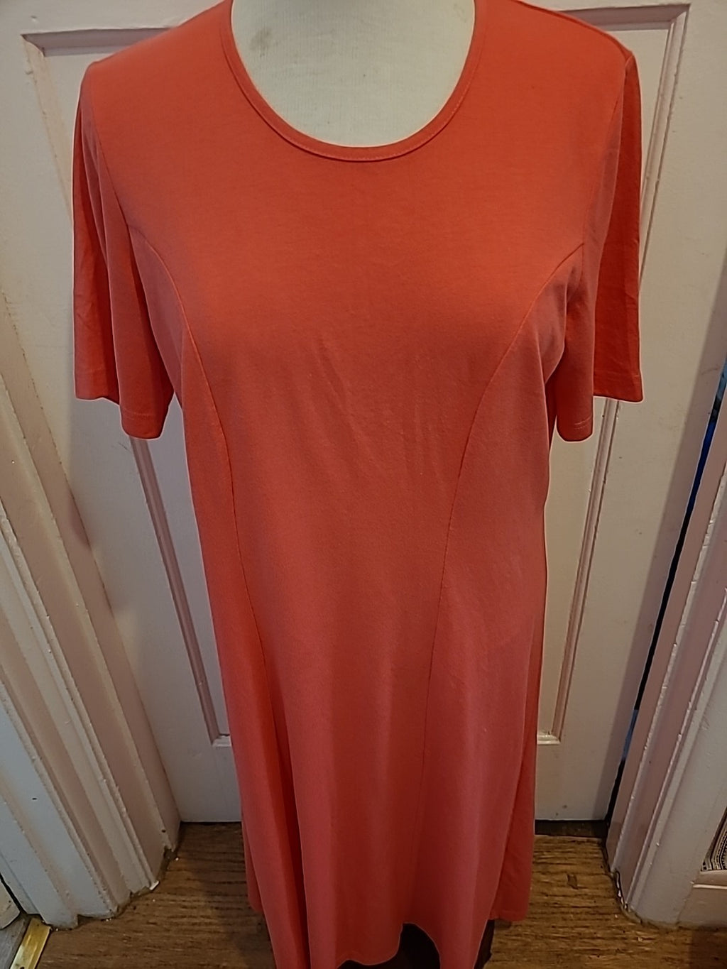 Ladies Damart Size 16 Bright Peach Short Sleeved Dress(Small Mark On Front)